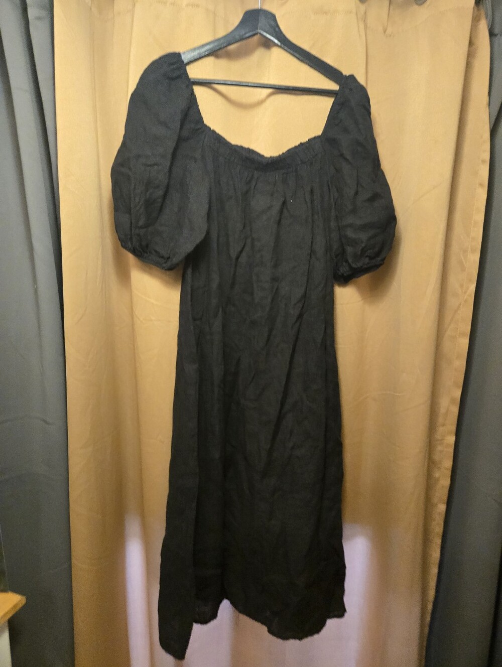 Puro Lino Black Linen Puff-Sleeve Midi Dress with Square Neck Large